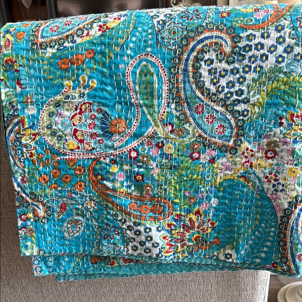 Kantha Turquoise Paisley Quilt Throw
